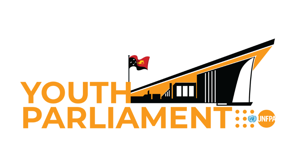 A digital drawing of Papua New Guinea's Parliament House with orange text saying 'Youth Parliament'.