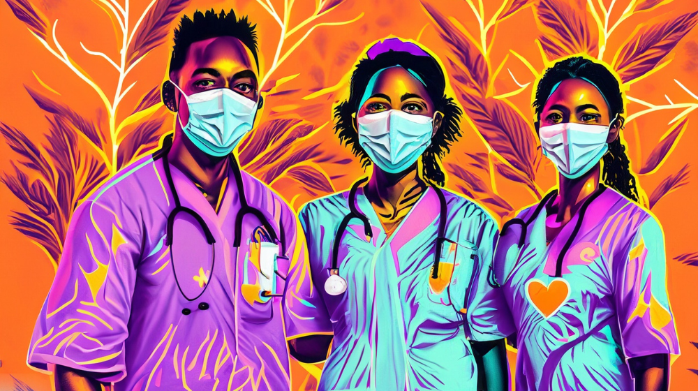 Orange, purple, and blue animation of three health workers.