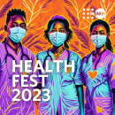 Orange, purple, and blue animation of three health workers.