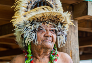 Older woman from Central Province, Papua New Guinea, in traditional dress looking into middle distance.