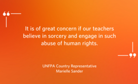 White text on orange background reads "It is of concern if our teachers engage in human rights abuses"