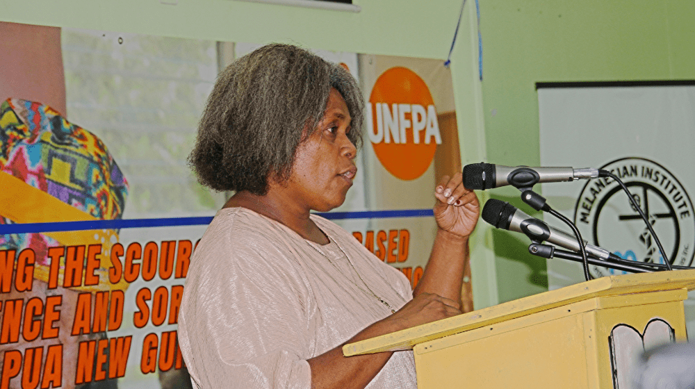 Josephine Pitmur, Deputy Secretary of the Department of Justice and Attorney General (DJAG) addressing participants at Melanesian Institute, Goroka. Photo Courtesy of Melanesian Institute.