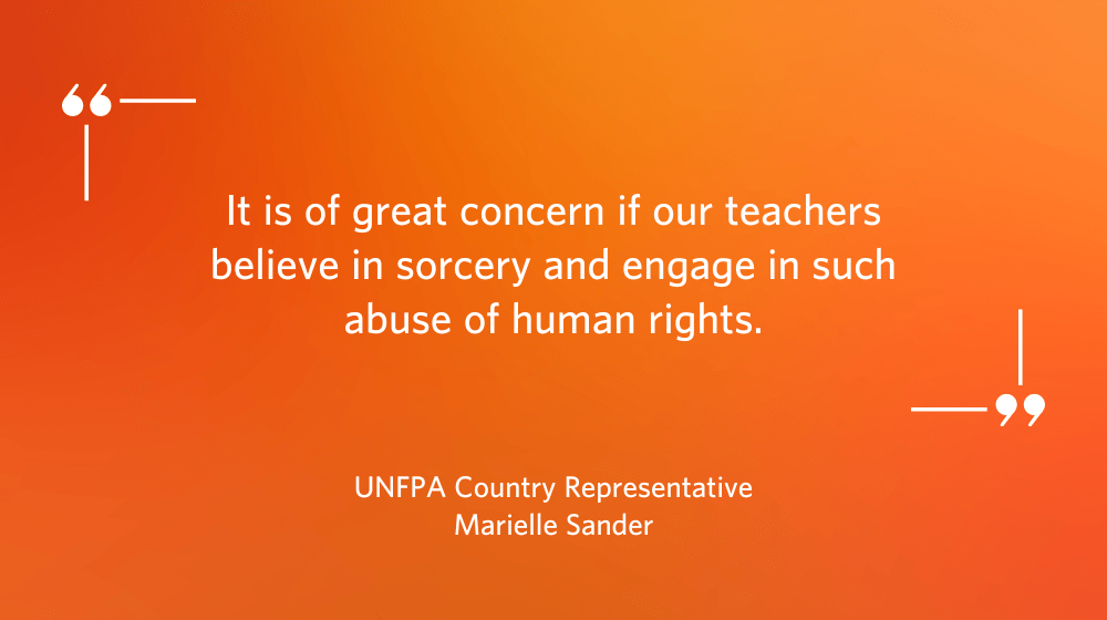 White text on orange background reads "It is of concern if our teachers engage in human rights abuses"