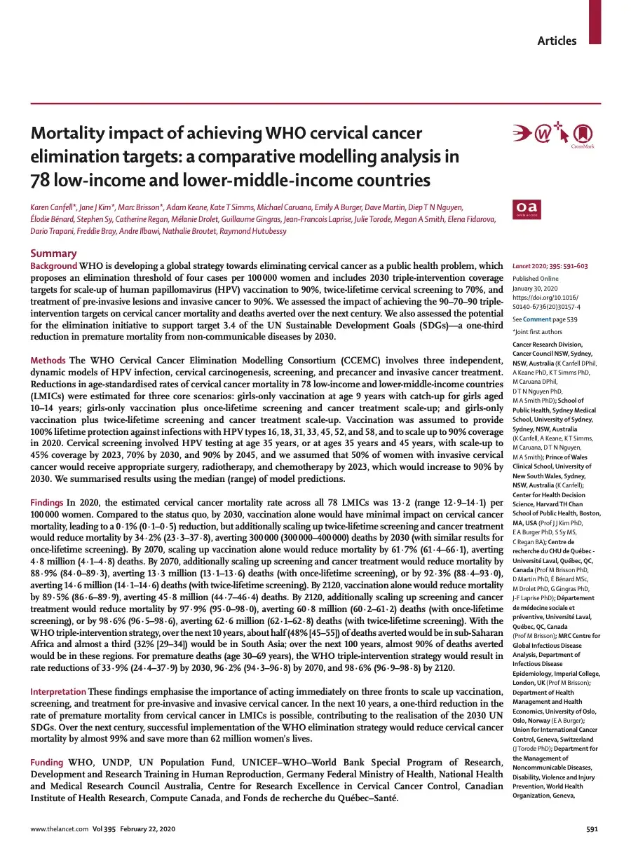 Mortality impact of achieving WHO cervical cancer elimination targets